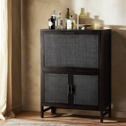 Caprice Bar Cabinet - Black Wash Mango w/ Black Natural Cane