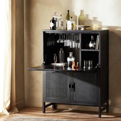 Caprice Bar Cabinet - Black Wash Mango w/ Black Natural Cane