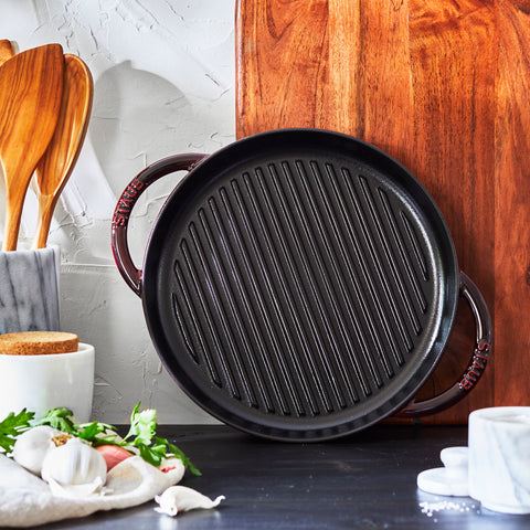 Cast Iron - 10" Round Double Handle Pure Grill - Grenadine