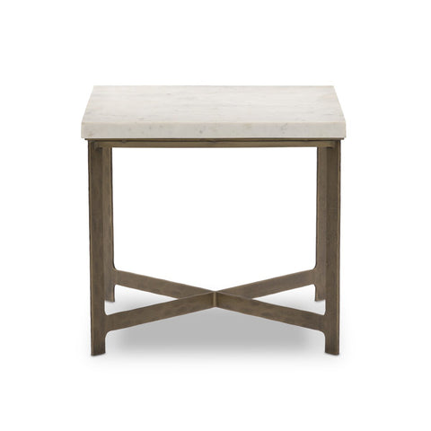 Hammered Iron End Table - White Marble with Antique Brass