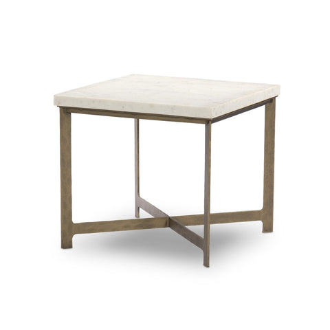 Hammered Iron End Table - White Marble with Antique Brass