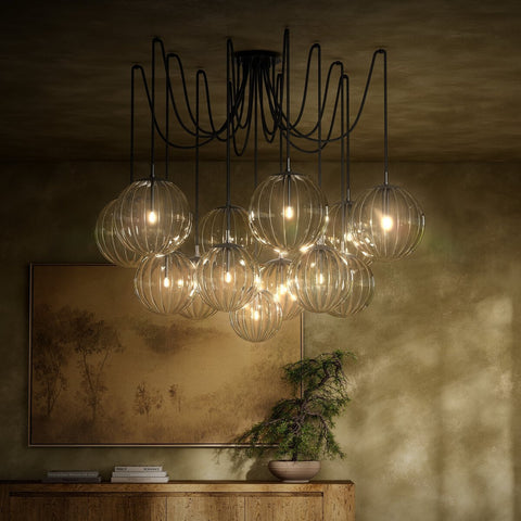 Spider Chandelier Clear Ribbon Glass - Black Gunmetal