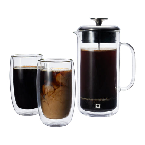 Sorrento Double Wall Glassware - 3 Pc French Press and Latte Glass Set