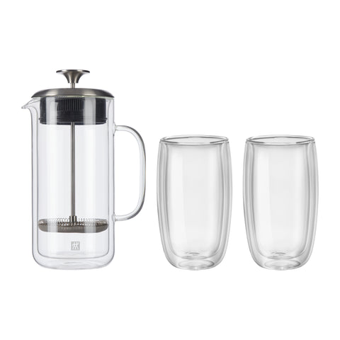 Sorrento Double Wall Glassware - 3 Pc French Press and Latte Glass Set