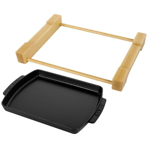 Cast Iron - 13" X 9" Rectangular Serving Dish with Wood Base -Black