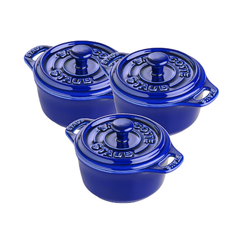 Ceramics - 3Pc Mini Round Cocotte Set - Dark Blue