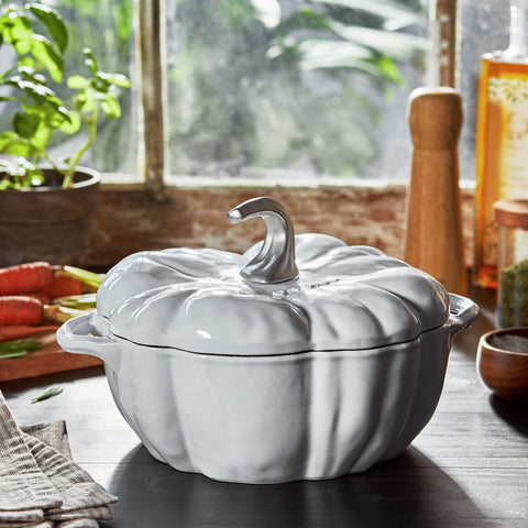 Cast Iron - Specialty Shaped Dutch Ovens - 3.5-qt Pumpkin Dutch Oven - White w/ Stainless Knob