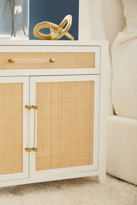 Holland Media Chest, Matte White, Natural Rattan