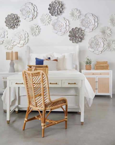 Holland Media Chest, Matte White, Natural Rattan