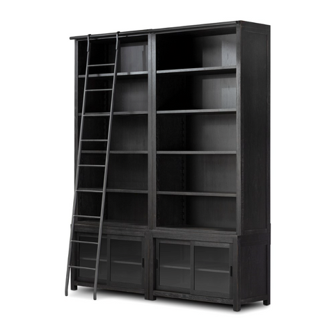 Admont Double Bookcase w/ Ladder-Worn Black