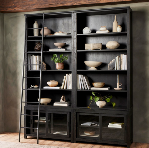 Admont Double Bookcase w/ Ladder-Worn Black