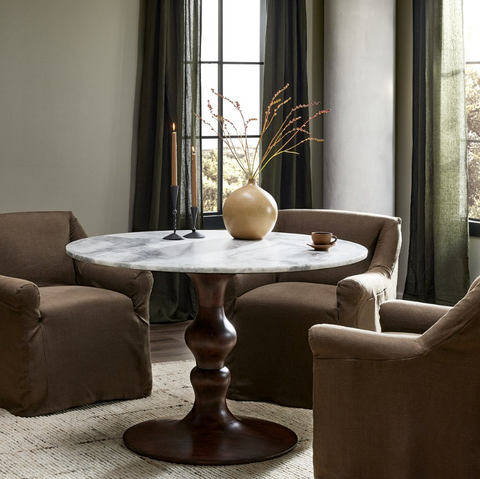Kestrel Round Dining Table - Dark Brown Acacia w/ White Marble