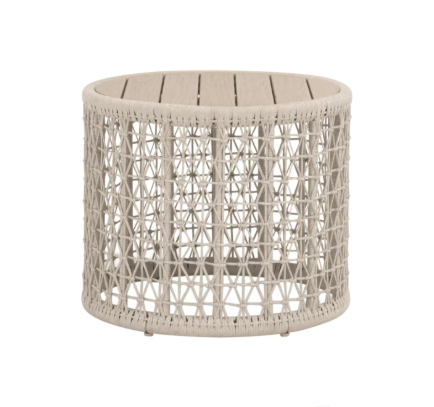 Knit Outdoor Round End Table, Oat Flat Rope, Washed Ever Teak