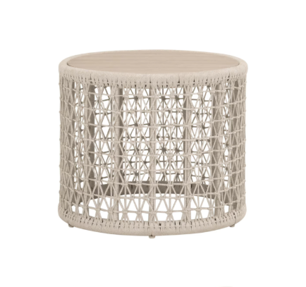 Knit Outdoor Round End Table, Oat Flat Rope, Washed Ever Teak