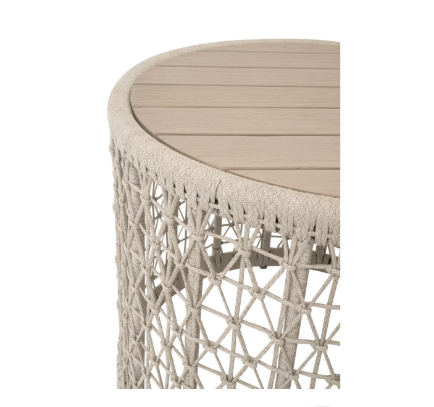 Knit Outdoor Round End Table, Oat Flat Rope, Washed Ever Teak