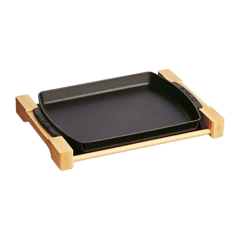 Cast Iron - 13" X 9" Rectangular Serving Dish with Wood Base -Black