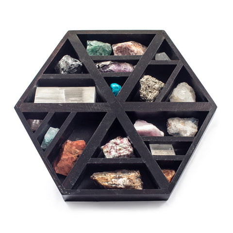 Wooden Hexagon Shelf with Crystals