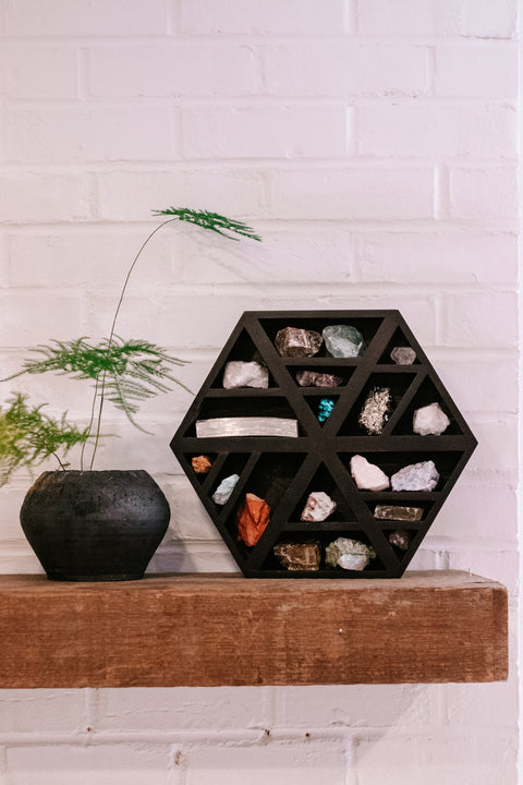 Wooden Hexagon Shelf with Crystals