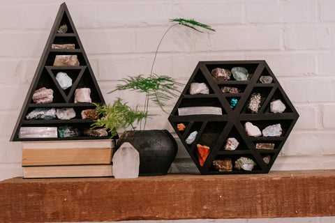 Wooden Triangle Shelf with Crystals