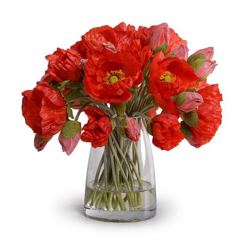 Poppy Bouquet in Glass Bucket - Orange-red