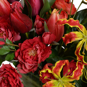 Mixed flowers arrangement in glass, 15"H