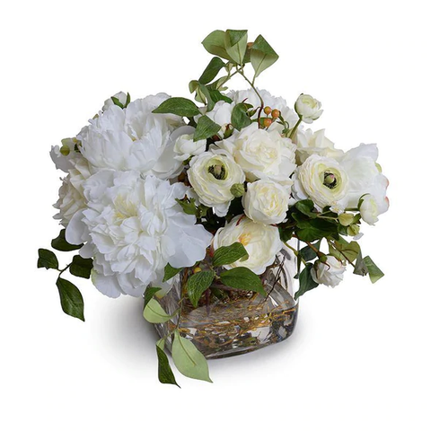 Mixed White Garden Bouquet in Glass Cube