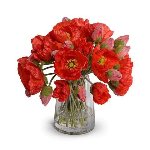 Poppy Bouquet in Glass Bucket - Orange-red