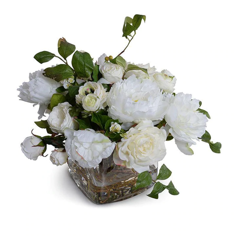 Mixed White Garden Bouquet in Glass Cube