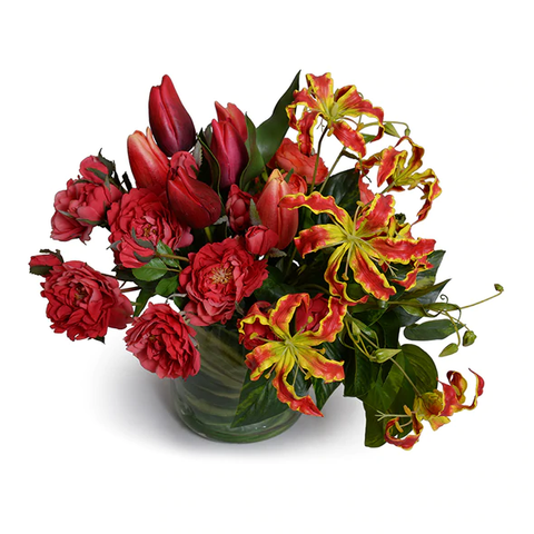 Mixed flowers arrangement in glass, 15"H