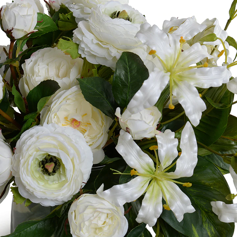 Mixed flowers white bouquet in glass vase, 14"H
